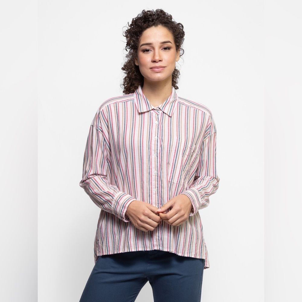 XiRENA Women’s Sz Large Jordy Natural Blush Striped Button Down Long Sleeve Top